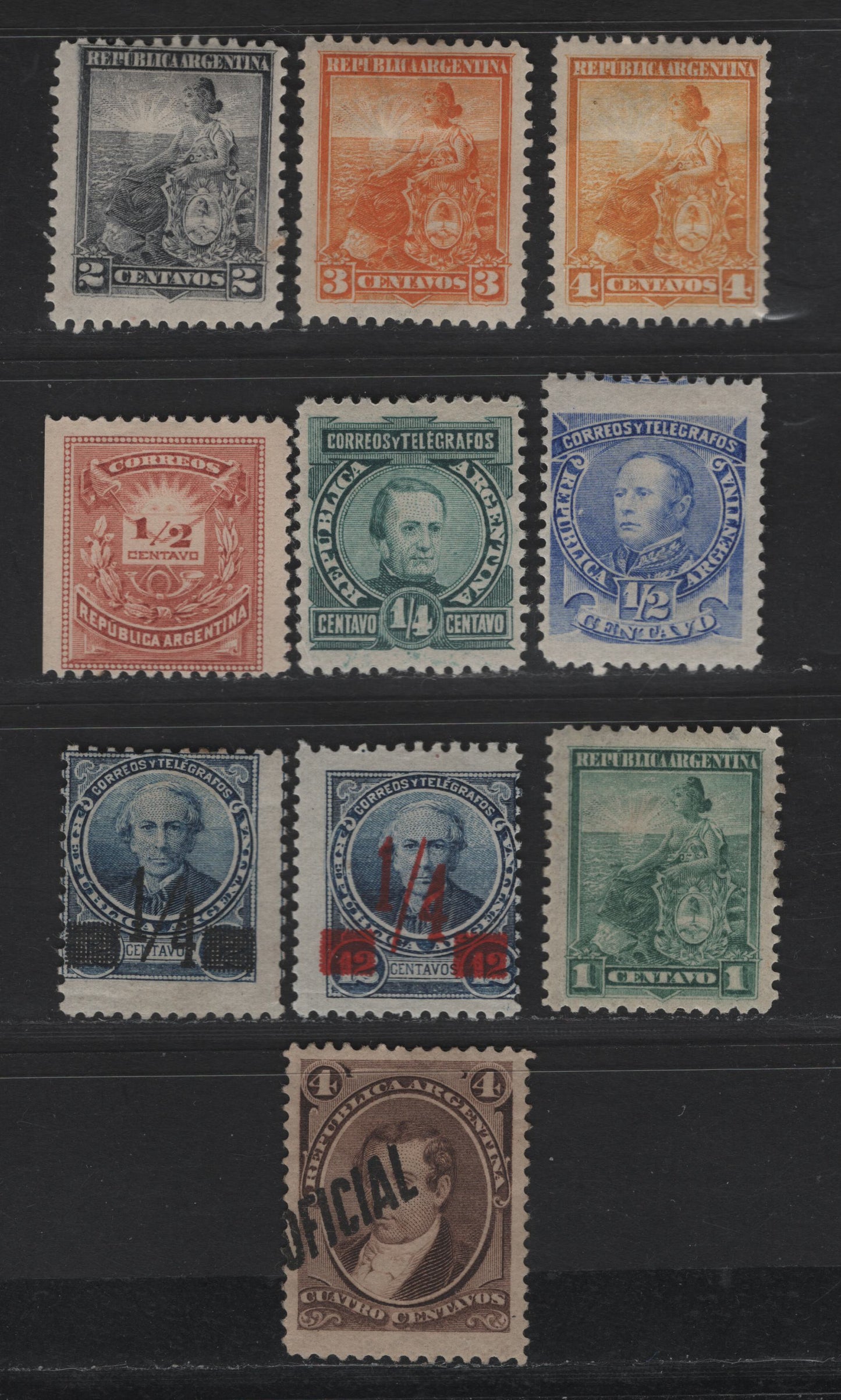 Lot 8 Argentina SC#68, O5, 52, 75, 83, 84, 123-125, 126E 1/2c - 4c Red Brown - Yellow Sun Over Letter - Seated Liberty, 1884-1903 Sun Over Letter, Surcharges & Seated Liberty Issues, 7 VG/F/VFOG Singles, Perf 11.5, 4c Yellow Has No Gum