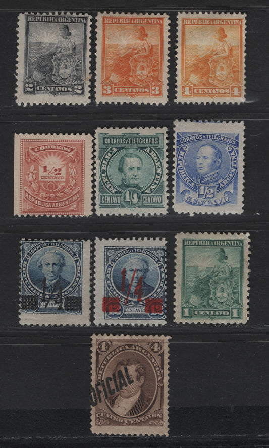 Lot 8 Argentina SC#68, O5, 52, 75, 83, 84, 123-125, 126E 1/2c - 4c Red Brown - Yellow Sun Over Letter - Seated Liberty, 1884-1903 Sun Over Letter, Surcharges & Seated Liberty Issues, 7 VG/F/VFOG Singles, Perf 11.5, 4c Yellow Has No Gum