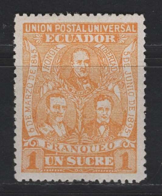 Lot 81 Ecuador SC#69 1s Orange - Green Success Of The Liberal Party, 1896 Success Of The Liberal Party Issue, A VFOG Single, Perfectly Centered & Fresh