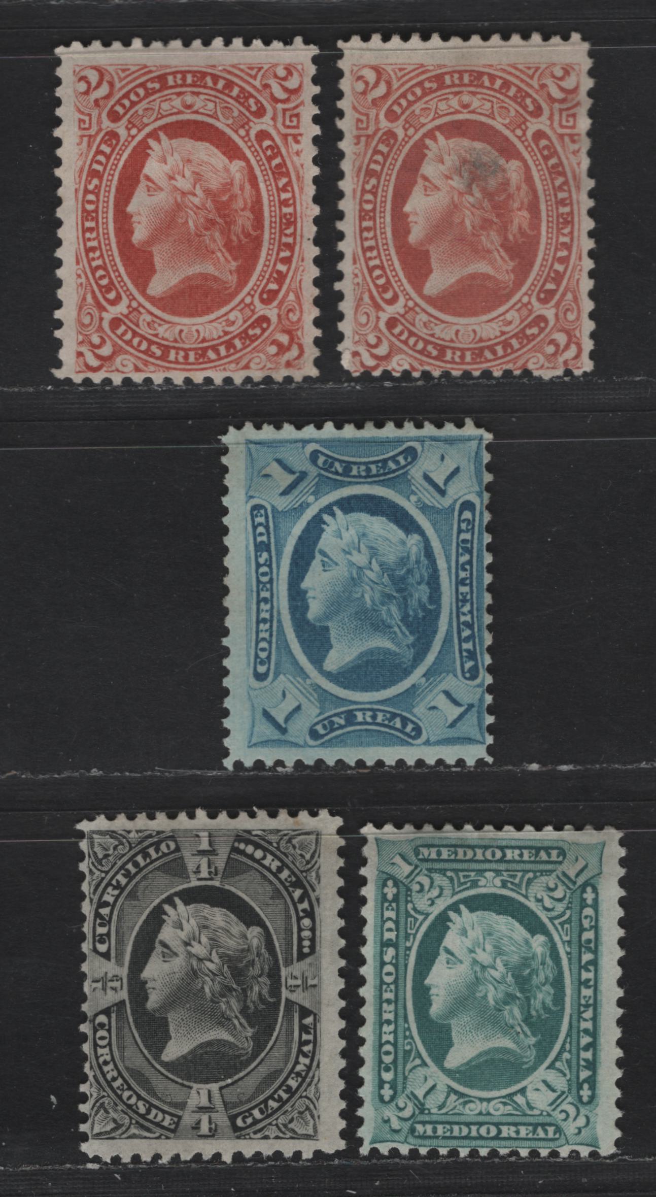 Lot 82 Guatemala SC#7-10 1/4r - 2r Black - Dull Red Liberty Heads, 1875 Liberty Heads Issue, 5 Fine Unused Singles, Two Shades Of 2r