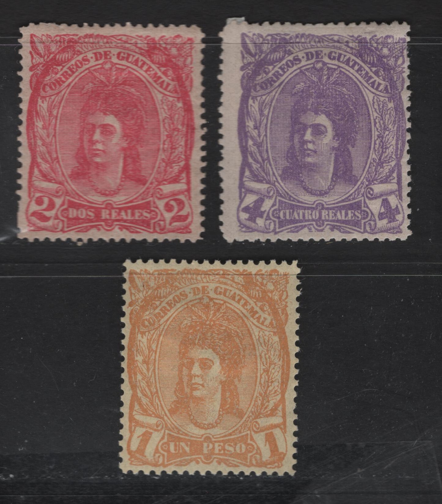 Lot 83 Guatemala SC#12-14 2r - 1p Carmine Rose - Yellow Indian Woman, 1878 Indian Woman Issue, 3 F/VFOG Singles, Perf 13.75