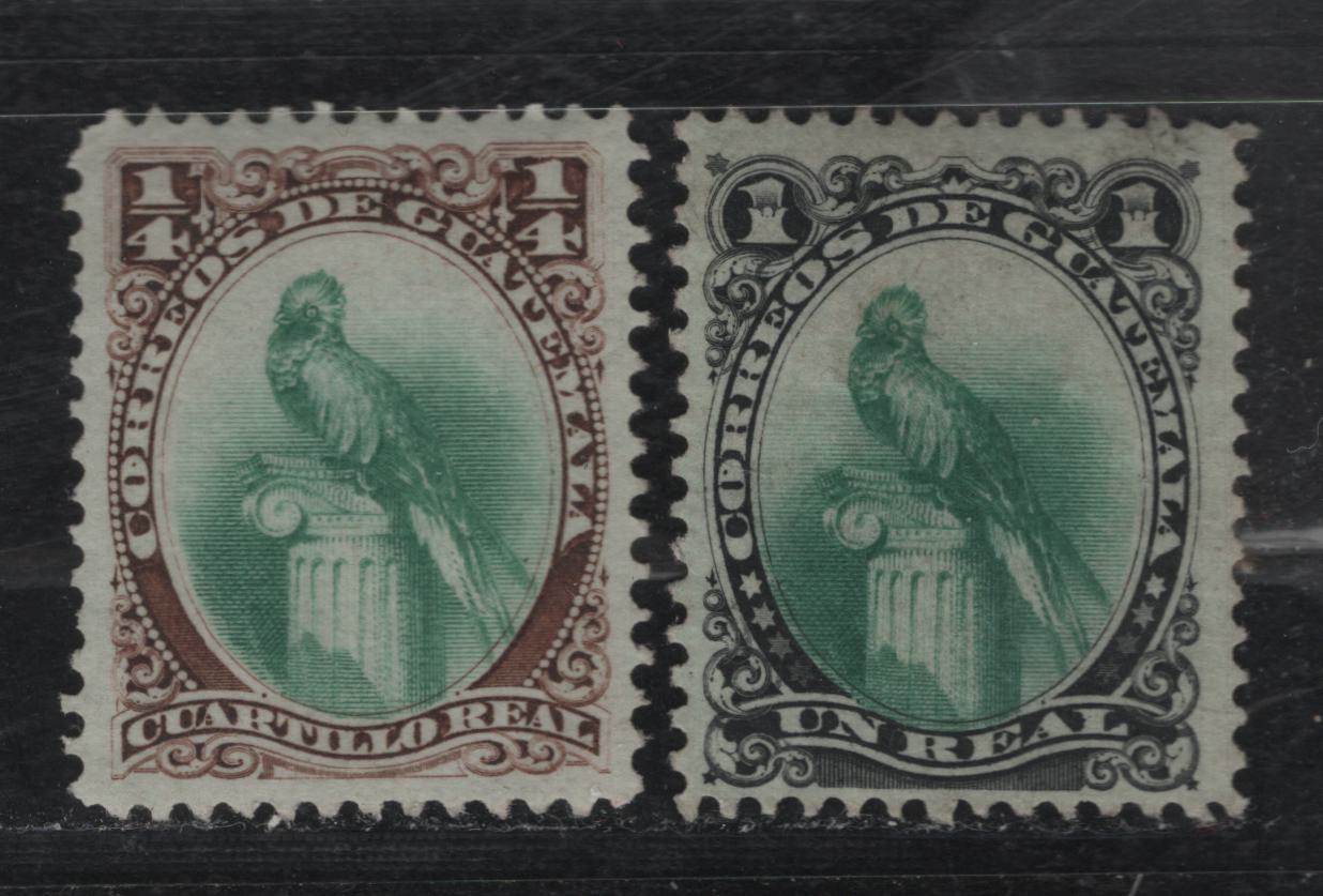 Lot 84 Guatemala SC#15-16 1/4r - 1c Brown & Green - Black & Green Quetzal, 1879 Quetzal Inscribed Correos de Guatemala Issue, 2 Fine/Very Fine Unused Singles
