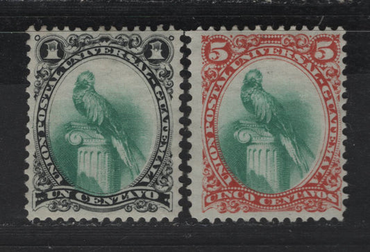 Lot 85 Guatemala SC#21, 23 1c & 5c Black & Green - Red & Green Quetzal, 1881 Quetzal Inscribed 'Union Postal Universal' Issue, 2 F/VFOG Singles