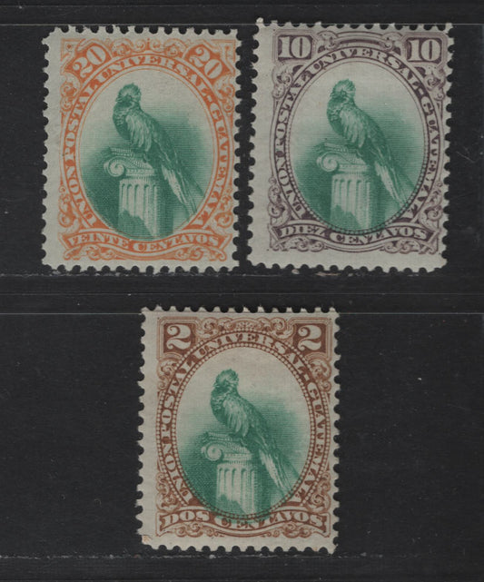 Lot 86 Guatemala SC#22, 24, 25 2c - 20c Brown & Green - Yellow & Green Quetzal, 1881 Quetzal Inscribed 'Union Postal Universal' Issue, 3 FOG Singles