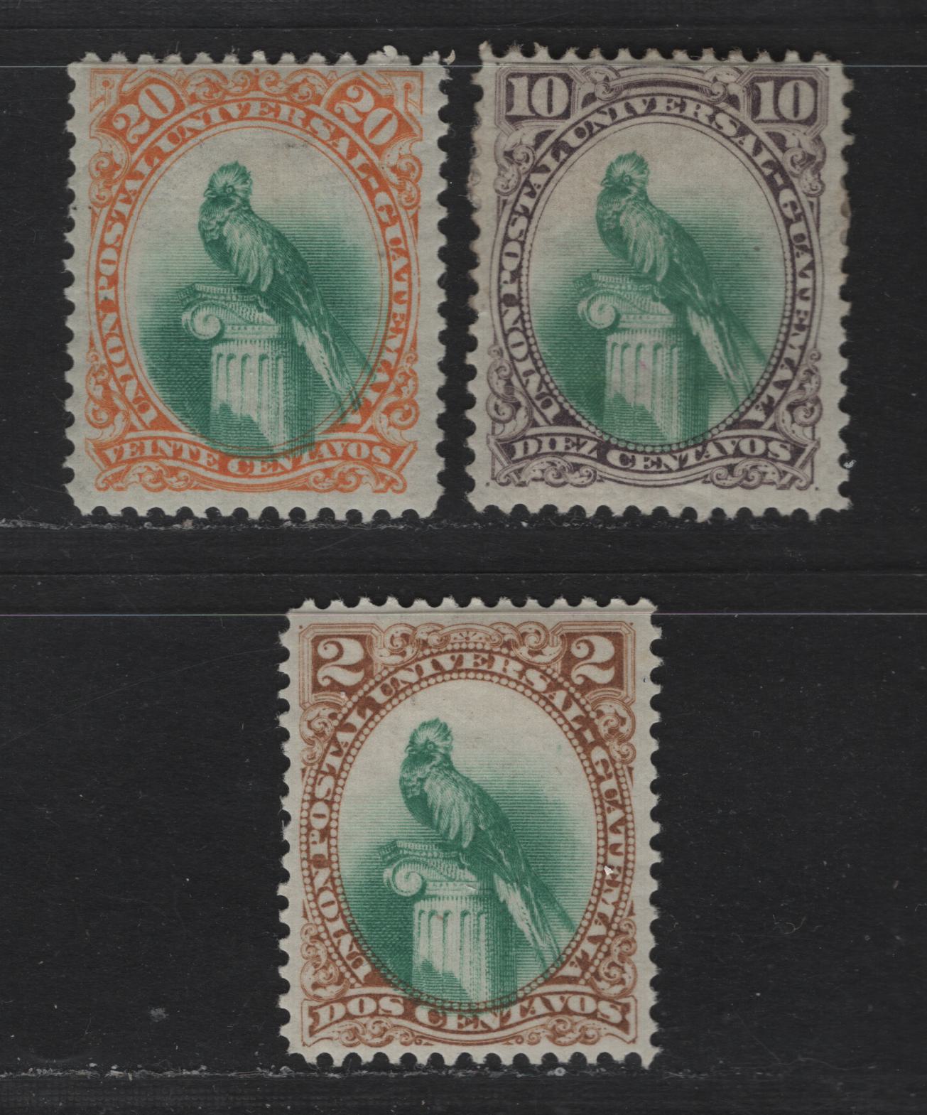 Lot 87 Guatemala SC#22, 24, 25 2c - 20c Brown & Green - Yellow & Green Quetzal, 1881 Quetzal Inscribed 'Union Postal Universal' Issue, 3 VFOG Singles