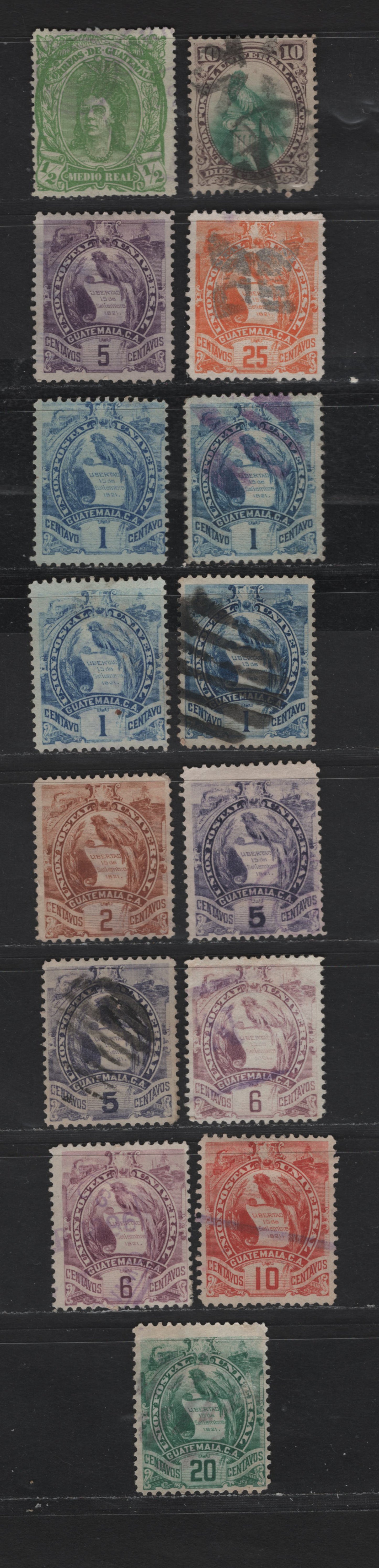 Lot 89 Guatemala SC#11, 24, 31, 33, 36, 43-44, 46-48 1/2c - 20c Yellow Green - Green Indian Woman & Quetzal, 1878-1895 Indian Woman - Quetzal Issues, 15 Fine/Very Fine Used Singles, Additional Shades