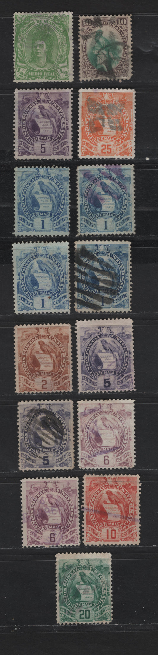 Lot 89 Guatemala SC#11, 24, 31, 33, 36, 43-44, 46-48 1/2c - 20c Yellow Green - Green Indian Woman & Quetzal, 1878-1895 Indian Woman - Quetzal Issues, 15 Fine/Very Fine Used Singles, Additional Shades