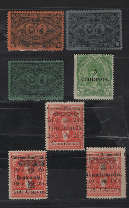 Lot 90 Guatemala SC#18, 26, 29c, 30, 62, 63, 73 5c on 1/2r - 500c Yellow Green - Black on Yellowish Green Portraits, 1881-1897 Surcharged & Central American Exposition Issues, 7 VG-VFOG & Unused Singles, 23mm wide Guatemala on #29, #25 & 30 Have No Gum