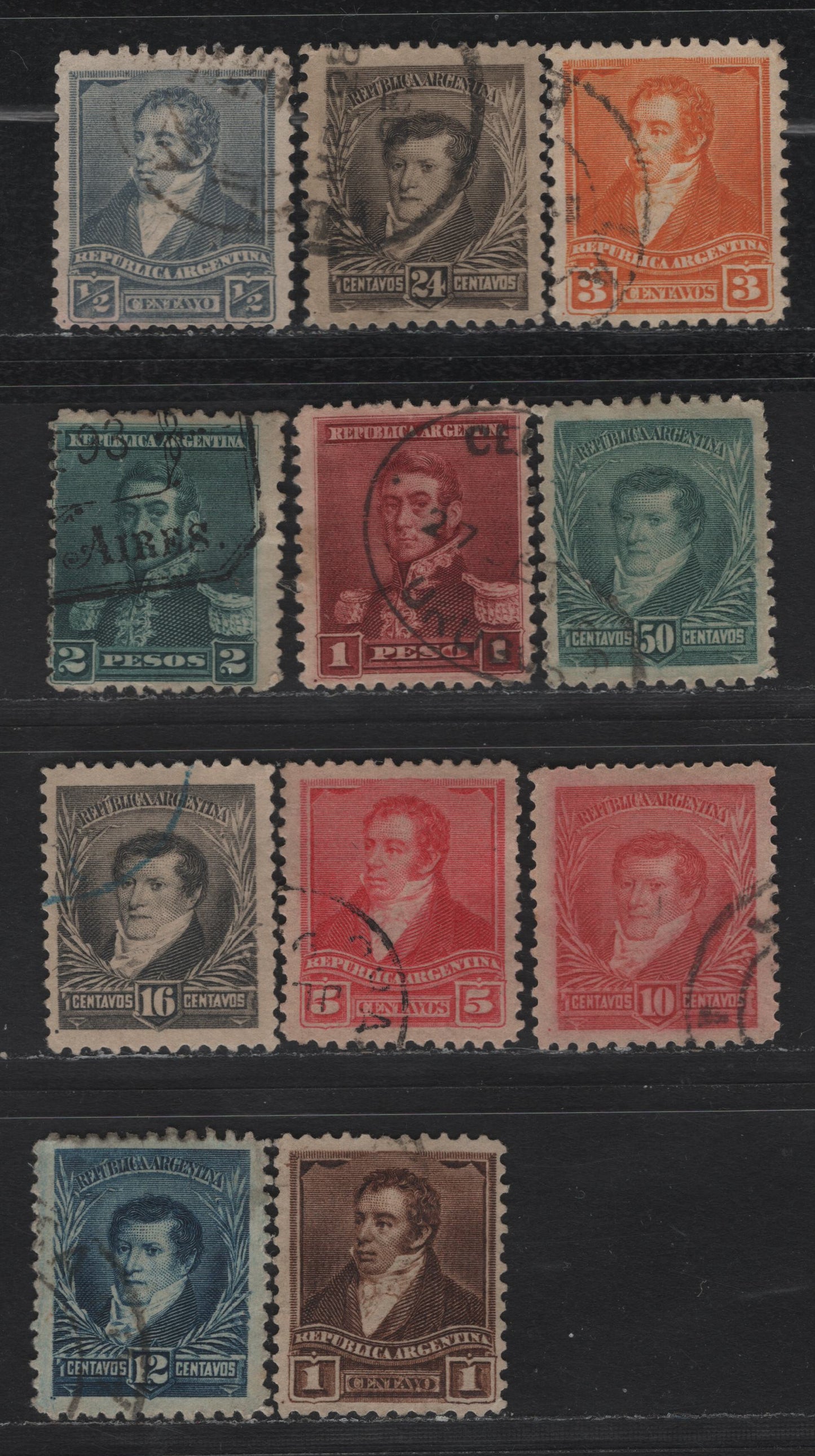 Lot 9 Argentina SC#92-93, 95-104 1/2d - 2p Dull Blue - Blue Green Rividavia, Belgreno & San Martin, 1892-1895 Rividavia, Belgreno & San Martin Issue, 11 Fine/Very Fine Used Singles, Perf 11.5, Small Sun Wmk (Wmk 85)