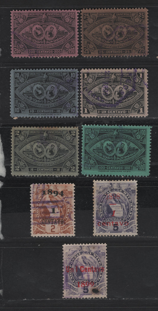 Lot 91 Guatemala SC#56, 60-61, 63, 67, 70, 72, 75, 97 1c on 2c - 1c on 5c Brown - Violet Surcharged Portraits, 1894-1899 Surcharged Issues, 9 Fine/Very Fine Used Singles