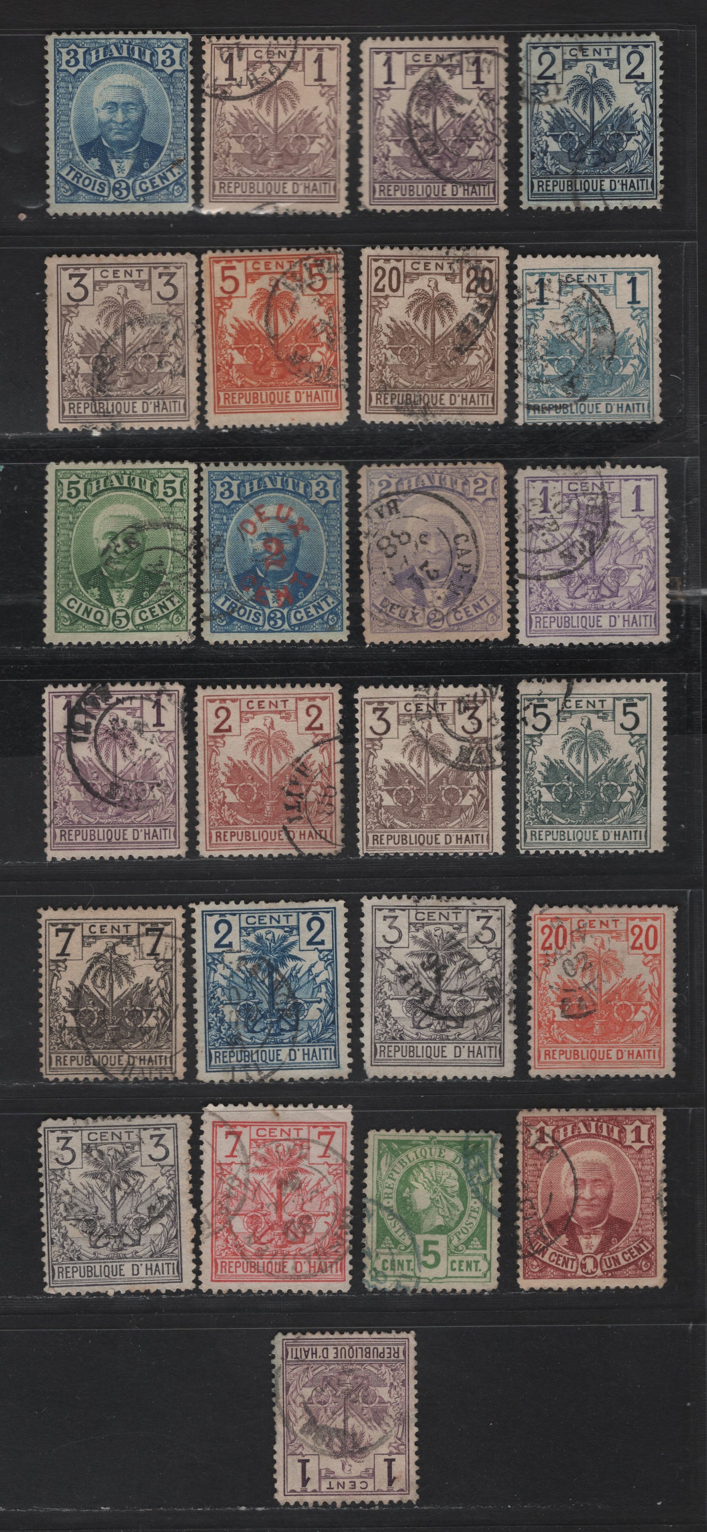 Lot 92 Haiti SC#20-28, 30, 32-35, 37-43 50c - 20c Green - Orange Liberty Heads - Arms, 1886-1896 Liberty Heads - Coat of Arms Issues, 25 Fine/Very Fine Used Singles, Shade Variations