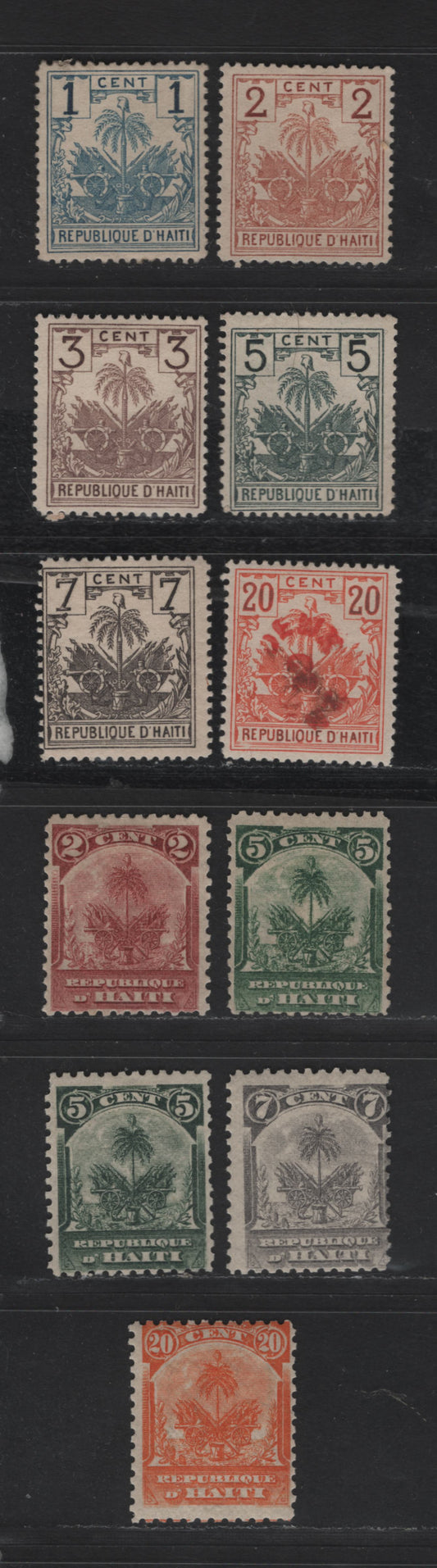 Lot 93 Haiti SC#38-42, 45, 47, 49-51 1c - 20c Light Blue - Orange Arms, 1896-1898 Coat of Arms Issue, 11 F/VFOG Singles, Shade Variations