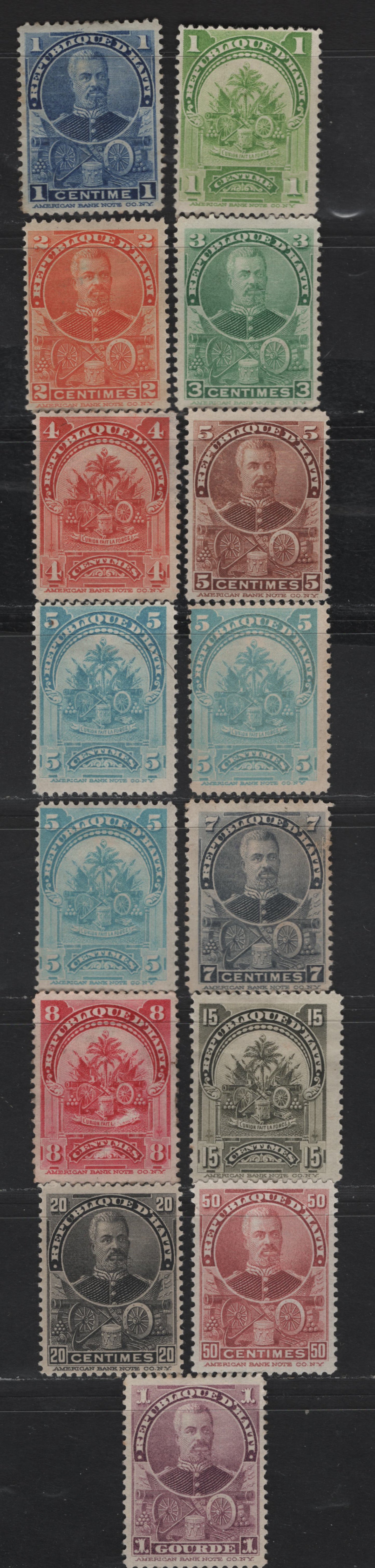 Lot 94 Haiti SC#52/66 1c - 1g Ultramarine - Red Violet Arms & Augustin Simon Sam, 1898-1899 Arms & Augustin Simon Sam Issues, 15 F/VFOG & Unused Singles, About Half With Gum, Half Without