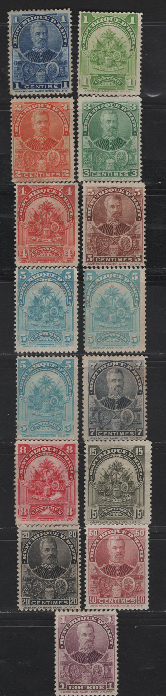 Lot 94 Haiti SC#52/66 1c - 1g Ultramarine - Red Violet Arms & Augustin Simon Sam, 1898-1899 Arms & Augustin Simon Sam Issues, 15 F/VFOG & Unused Singles, About Half With Gum, Half Without