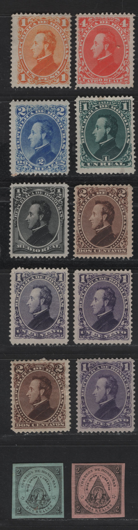 Lot 97 Honduras SC#1,2, 30-a, 31-a, 32a, 33a, 35a, 36a 2r - 1p Black on Green - Orange Yellow Arms - Morazan, 1865-1889 Amrs - Reissue of Morazan Issues, 12 F/VFOG & Unused Sheet & Imperf Singles, Two Shades Of 30a Without Gum, #35 Also With No Gum