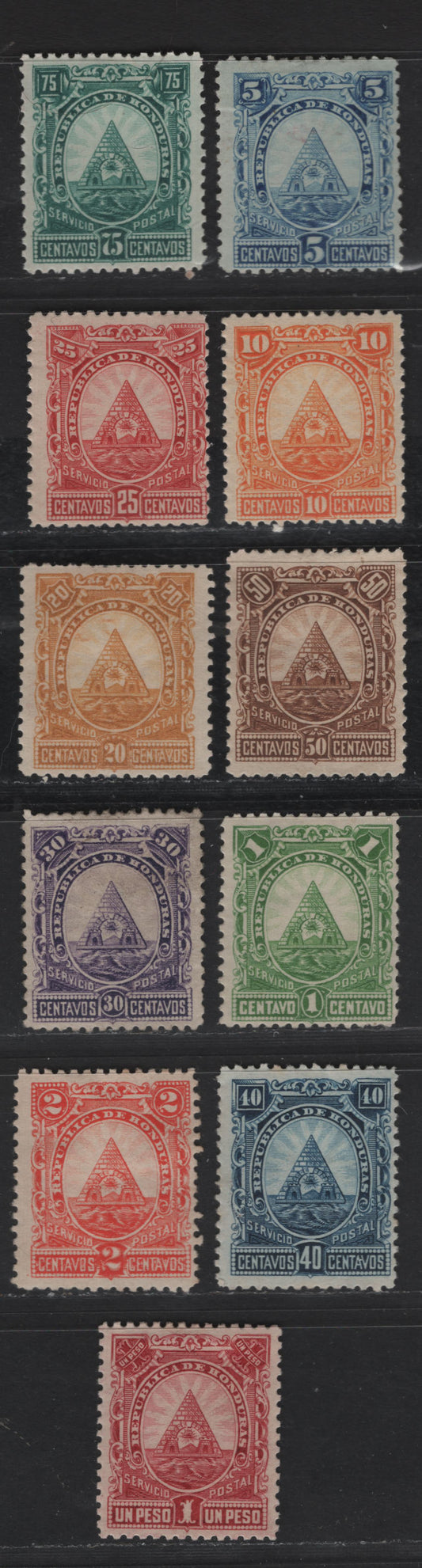 Lot 98 Honduras SC#40-50 1c - 1p Yellow Green - Carmine Arms, 1890 Seebech Arms Issue, 11 F/VFOG & Unused Singles