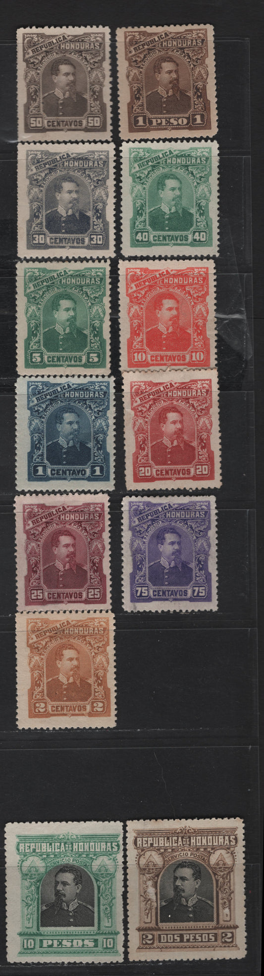 Lot 99 Honduras SC#51-62, 64 2c - 10p Yellow Brown - Green & Black Louis Bogran, 1891 Louis Bogran Seebech Issue, 13 F/VFOG Singles