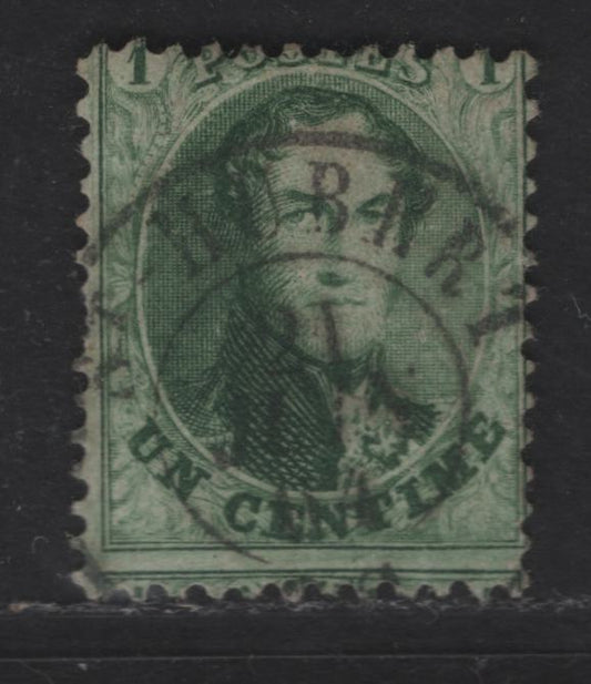 Lot 10 Belgium SC#13b 1c Green Leopold I, 1863 Leopold I Laureate Issue, A Very Good Used Single, SON June 21 1864 CDS Cancel, Perf 12.5x13.5