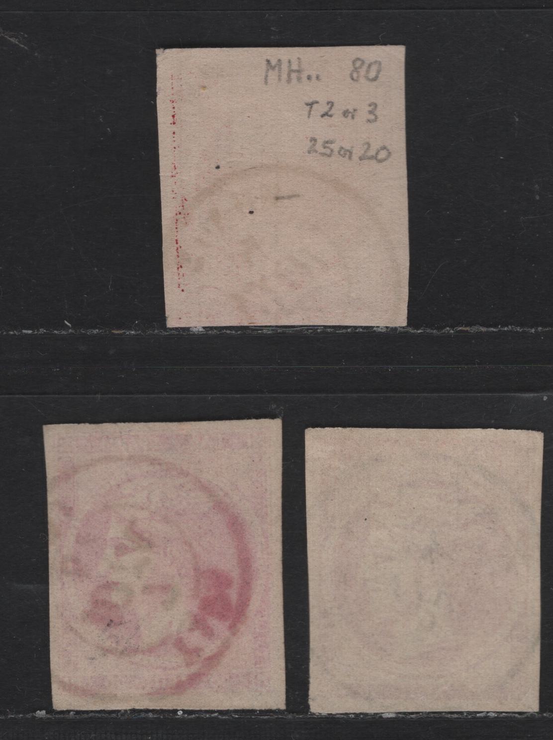 Greece SC#56, 56b 20L Pale Rose, Pink & Deep Carmine Hermes Head, 1880-1882 Large Hermes Head Issue, 3 Very Fine Used Imperf Singles, No Figures On Back, Cream Paper