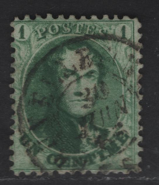 Lot 11 Belgium SC#13c 1c Emerald Green Leopold I, 1863 Leopold I Laureate Issue, A Very Good Used Single, Sound, Moderately CDS Cancelled, Perf 12.5x13.5