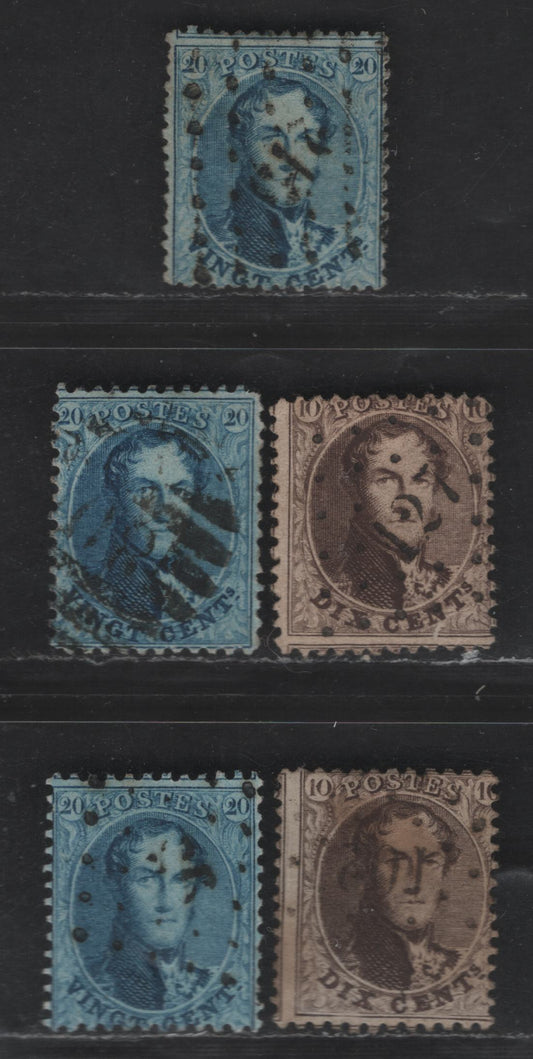 Lot 13 Belgium SC#15b-c, 15, 15b-c 10c - 20c Brown - Blue Leopold I, 1863 Leopold I Laureate Issue, 5 Very Good Used Singles, Perfs 14.5, 12.5 & 12.5x13.5, Moderate & Light Cancelled, Sound Examples, Average VG Centering