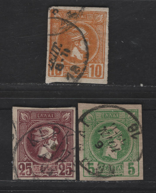 Lot 135 Greece SC#93b, 92, 96a 5l - 25l Green - Red Violet Hermes Head, 1891-1895 Small Hermes Head Issue, 3 Very Fine Used Imperf Singles, Two Shades Of Each