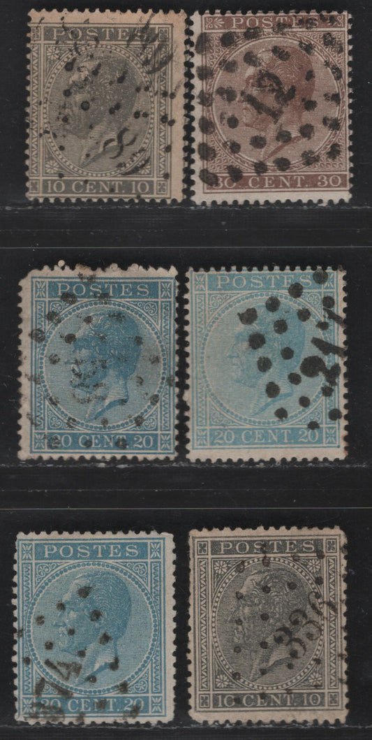 Lot 15 Belgium SC#18-19, 18a-19a, 20 10c - 20c Slate - Blue Leopold I, 1867 Perforated Surface Printed Leopold Sidefaces Issue, 6 Fine Used Singles, Brussels Prints, Two Shades O f20c, Perfs 15 & 14.5x14, Dotted Diamond Numeral Cancels