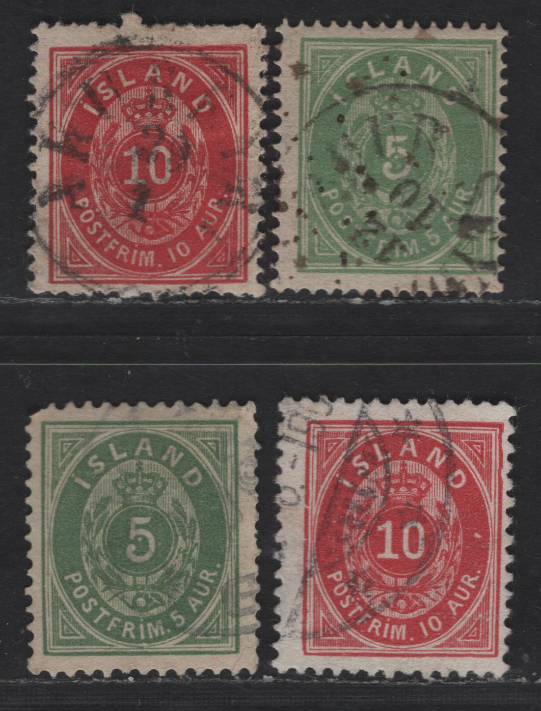 Lot 154 Iceland SC#11-a, 21, 26 5a - 10a Green - Carmine Coat of Arms, 1876-1901 Arms Issue, 4 Fine Used Singles, Perfs 14x13.5 & 13, As Per Scott, VF Examples Are Noticeably Off-Center