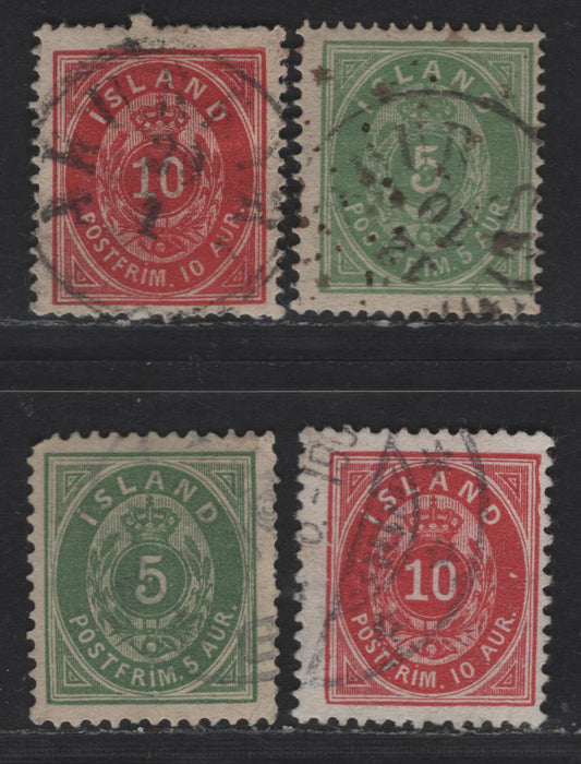 Lot 154 Iceland SC#11-a, 21, 26 5a - 10a Green - Carmine Coat of Arms, 1876-1901 Arms Issue, 4 Fine Used Singles, Perfs 14x13.5 & 13, As Per Scott, VF Examples Are Noticeably Off-Center