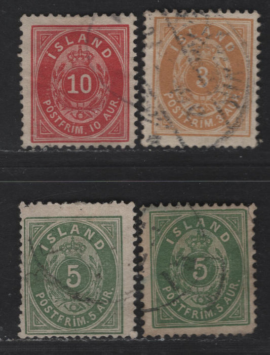 Lot 155 Iceland SC#16, 22, 26, 24 5a - 10a Green - Carmine Coat of Arms, 1876-1901 Arms Issue, 4 Fine Used Singles, Perfs 14x13.5 & 13, As Per Scott, VF Examples Are Noticeably Off-Center
