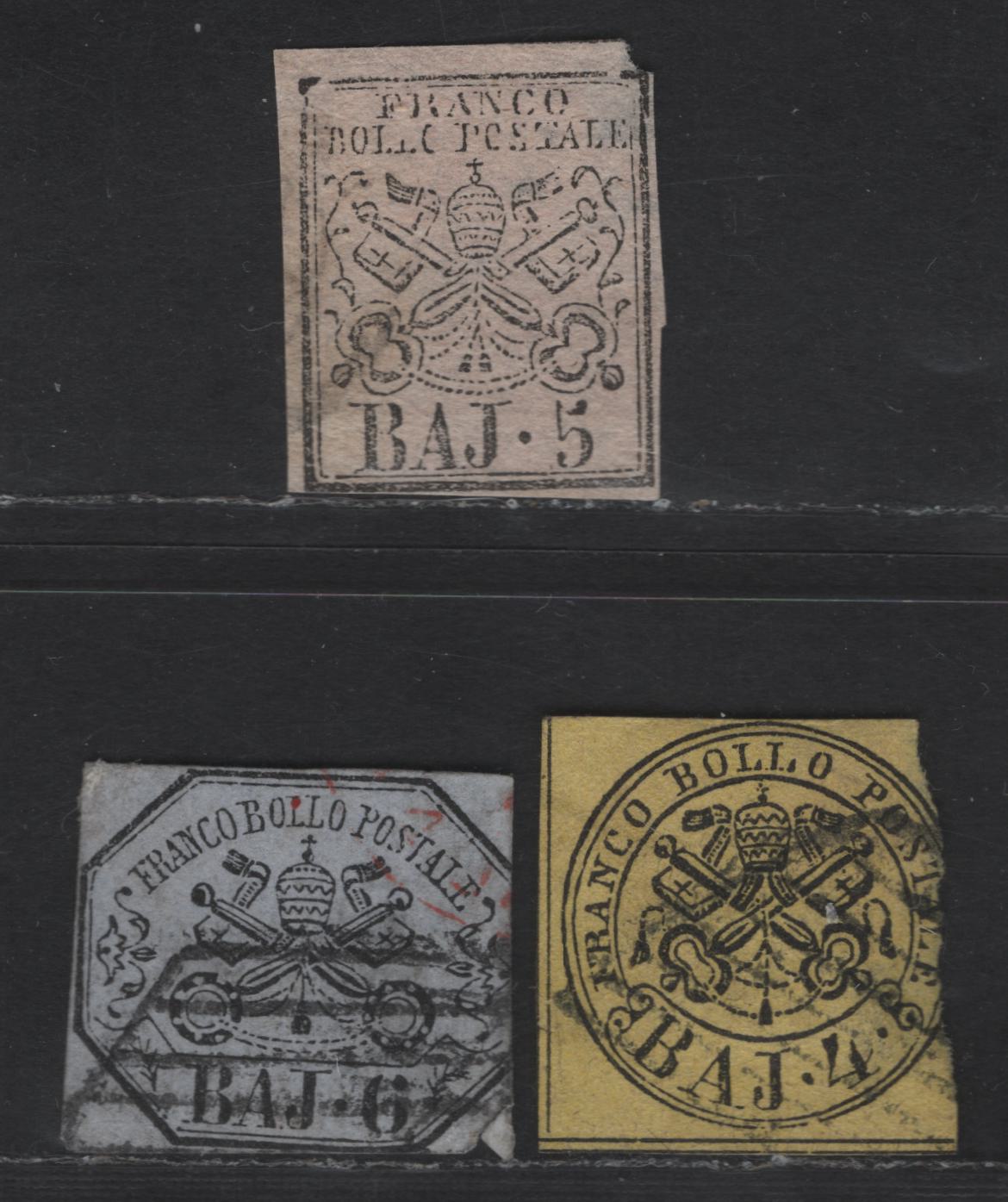 Lot 157 Italy - Roman States SC#5a, 6a, 7b 4b, 5b & 6b Black on Yellow, Black On Pale Rose & Black on Rose Lilac Papal Arms, 1852 Papal Arms Issue, 3 Ungraded Imperf Singles, Sound, Genuine Examples, But Margin Faults Or Into Designs