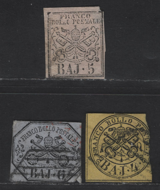 Lot 157 Italy - Roman States SC#5a, 6a, 7b 4b, 5b & 6b Black on Yellow, Black On Pale Rose & Black on Rose Lilac Papal Arms, 1852 Papal Arms Issue, 3 Ungraded Imperf Singles, Sound, Genuine Examples, But Margin Faults Or Into Designs