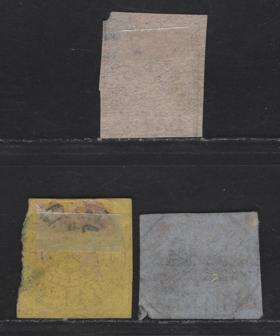 Lot 157 Italy - Roman States SC#5a, 6a, 7b 4b, 5b & 6b Black on Yellow, Black On Pale Rose & Black on Rose Lilac Papal Arms, 1852 Papal Arms Issue, 3 Ungraded Imperf Singles, Sound, Genuine Examples, But Margin Faults Or Into Designs