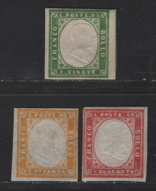Lot 159 Italy - Sardinia SC#10, 13, 14 5c, 40c & 80c Green, Red & Orange Yellow Victor Emmanuel II, 1855-1863 Embossed Victor Emanuel II Heads Issue, 3 Very Good/Fine Unused Imperf Singles, Small Creases Or Other Small Faults