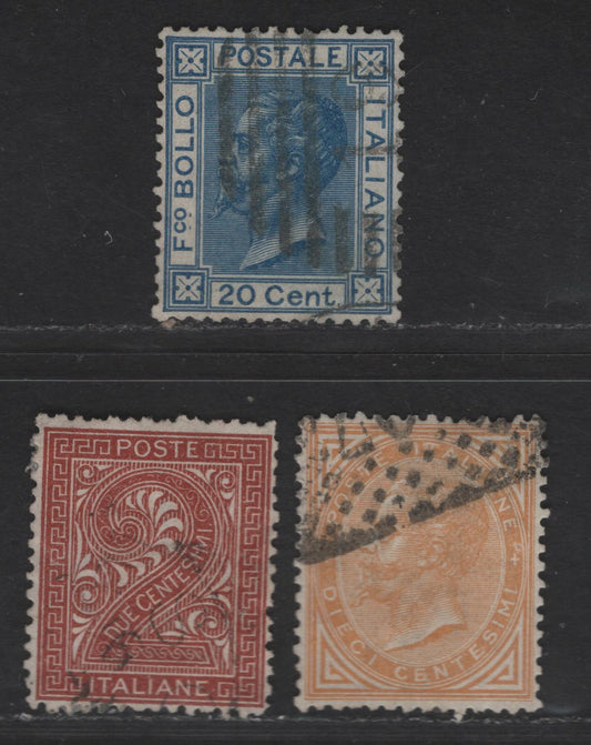Lot 165 Italy SC#25, 27, 35a 2c, 10c & 20c Orange Brown, Buff & Blue Victor Emmanuel II & Numeral, 1863-1877 Victor Emmanuel II & Numeral Issue, 3 Very Fine Used Singles
