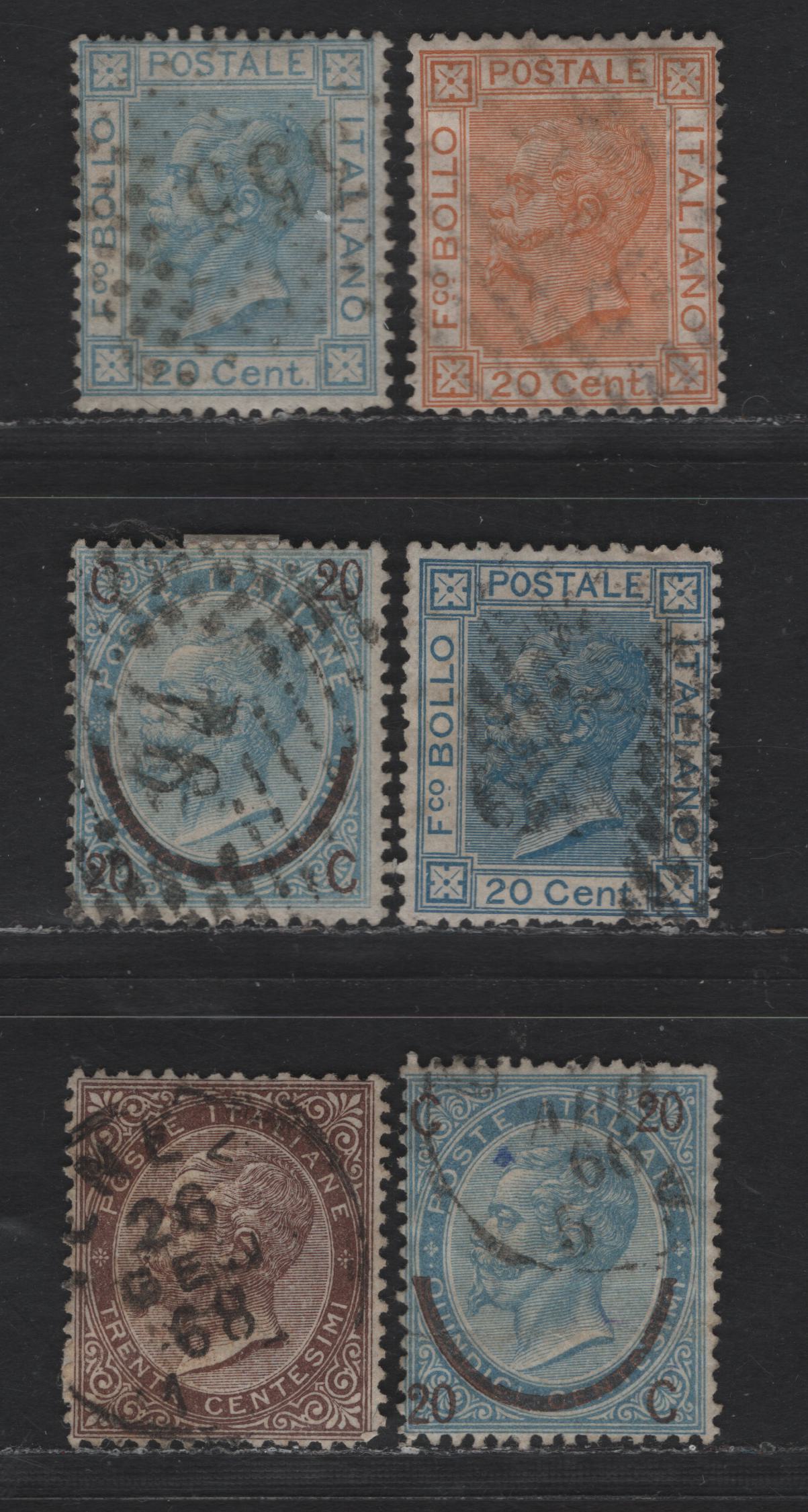 Lot 167 Italy SC#30, 34, 34b, 35-a, 36 30c - 20c Brown - Orange Victor Emmanuel II, 1863-1877 Victor Emmanuel II Sidefaces Issue, 6 Fine Used Singles