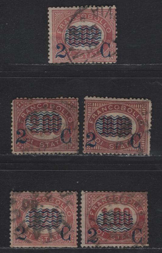 Lot 169 Italy SC#37, 39, 41-42, 44 2c on 2c - 2c on 10l Lake Wavy Lines, 1878 Surcharged Issue, 5 Good/Very Good Used Singles, Small Thin