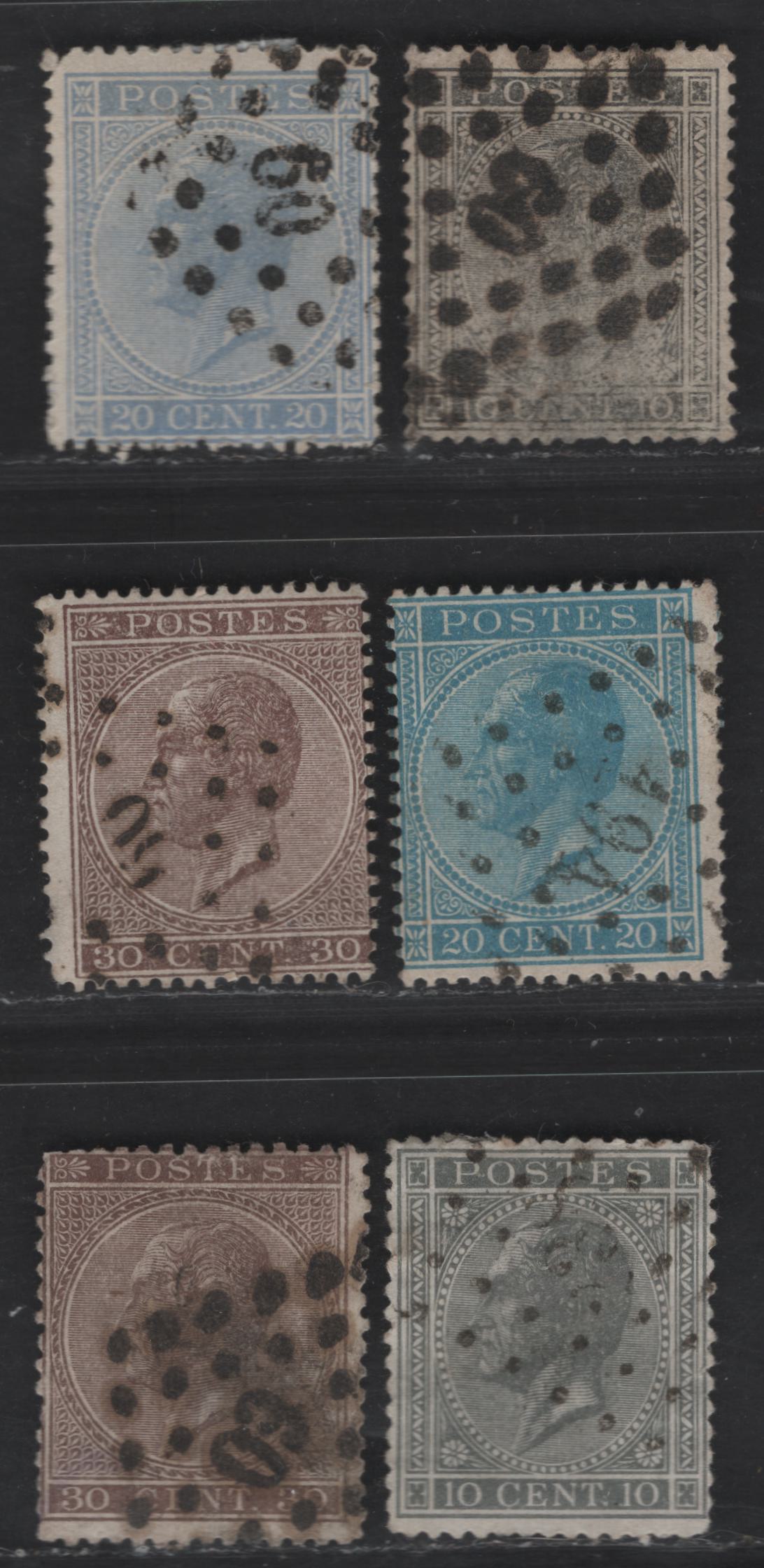 Lot 17 Belgium SC#18-a, 19-a, 20a 10c - 30c Slate - Brown Leopold I, 1865-1866 Surface Printed Leopold Sidefaces Issue, 6 Very Good/Fine Used Singles, Perfs 15 & 14.5x14