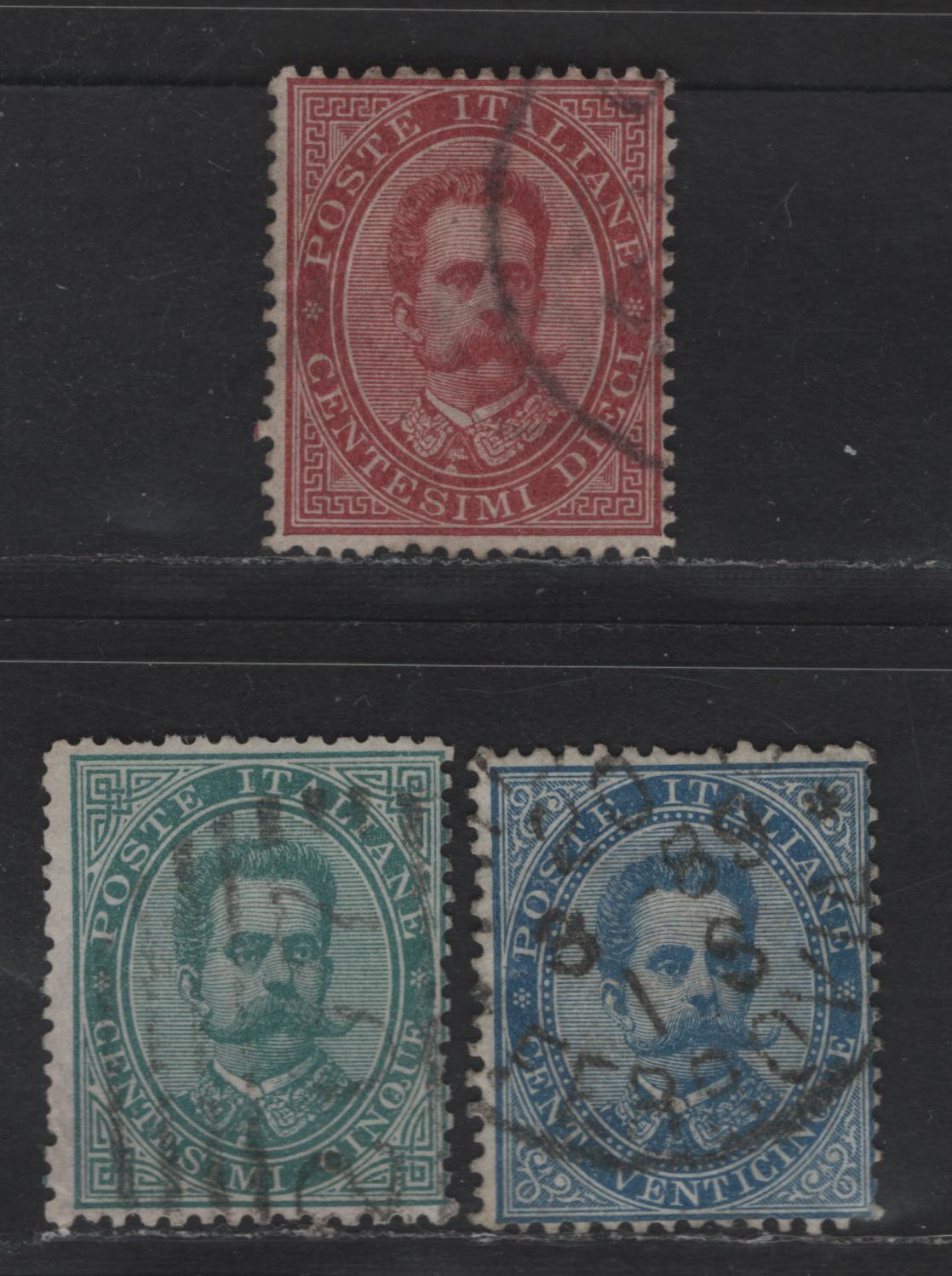 Italy SC#45-46, 48 5c, 10c & 25c Blue Green, Claret & Blue Humbert I, 1879 Humbert I Issue, 3 Fine Used Singles