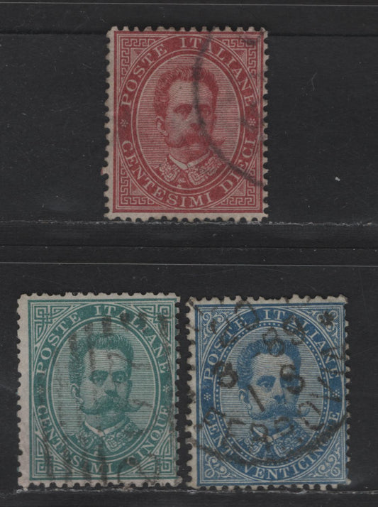 Italy SC#45-46, 48 5c, 10c & 25c Blue Green, Claret & Blue Humbert I, 1879 Humbert I Issue, 3 Fine Used Singles