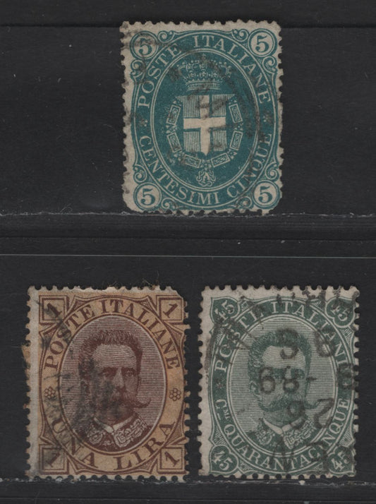 Italy SC#52, 54, 56 5c, 45c & 1l Dark Green, Gray Green and Brown & Yellow Humbert I, 1889 Humbert I Issue, 3 Good/Very Good Used Singles