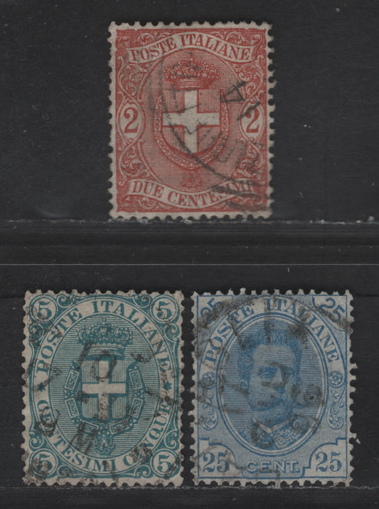 Lot 182 Italy SC#67, 70, 74 5c - 2c Blue Green - Orange Brown Humbert I & Arms, 1891-1896 Humbert I & Arms Issue, 3 Very Fine Used Singles