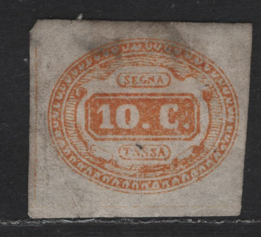 Lot 186 Italy SC#J1a 10c Orange Numeral, 1863 Postage Due, A Very Good Unused Single, No Gum, Some Soiling & Small Thins