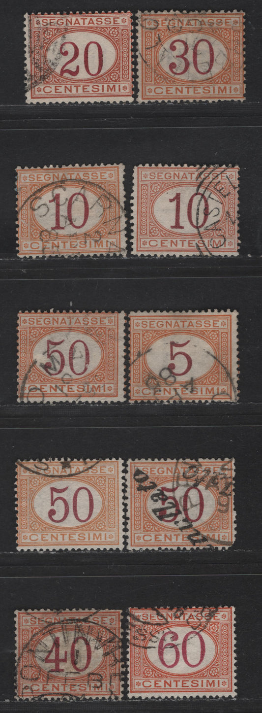 Lot 188 Italy SC#J5-J11 5c - 60c Dull Orange & Maroon - Orange Brown & Maroon Numeral, 1870-1925 Postage Dues, 10 Fine Used Singles, Various Printings