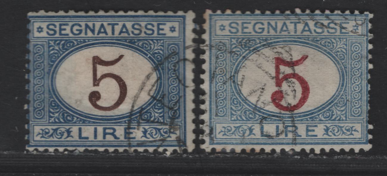 Lot 190 Italy SC#J17-J18 5l Blue & Brown - Blue & Magenta Numeral, 1870-1925 Postage Dues, 2 Very Good Used Singles, Early & Late Printings