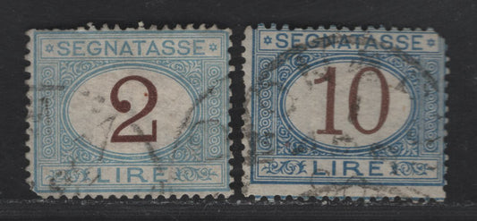Italy SC#J15, J19 2l & 10l Light Blue & Brown - Blue & Brown Numeral, 1870-1925 Postage Dues, 2 Very Good Used Singles, Early Printings