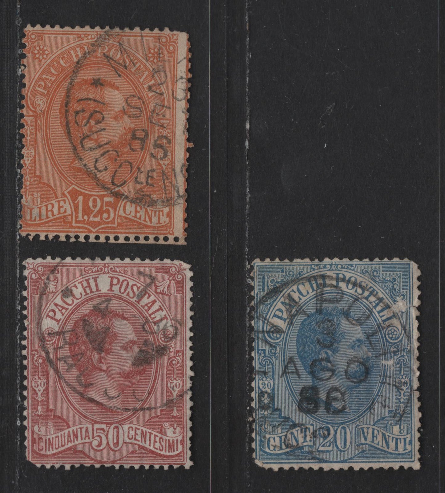 Lot 194 Italy SC#Q2-Q3, Q5 20c - 1.25l Blue - Orange Humbert I, 1884-1886 Parcel Post Issue, 3 Good/Very Good Used Singles, Two Small Margin Tears & Rounded Corner
