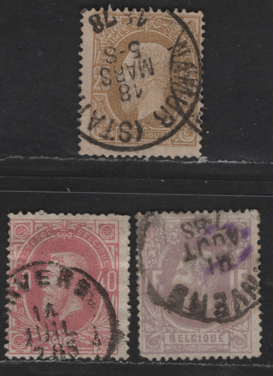 Lot 20 Belgium SC#35a, 36-37 40c - 25c Rose Lilac - Olive Bistre Leopold I, 1869-1878 Leopold I Sidefaces Issue, 3 Very Good/Fine Used Singles