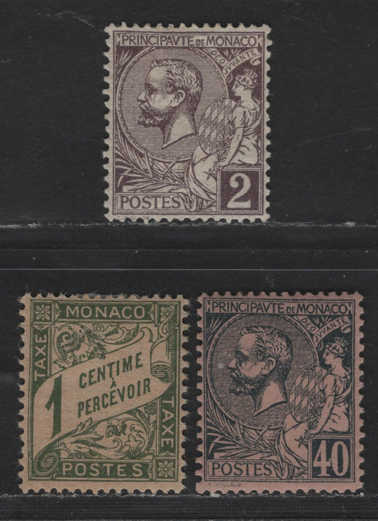 Lot 204 Monaco SC#12, 22, J1 2c - 1c Dull Violet - Olive Green Prince Albert I, 1891-1921 Prince Albert I Sideface & Postage Due Issues, 3 VFOG Singles