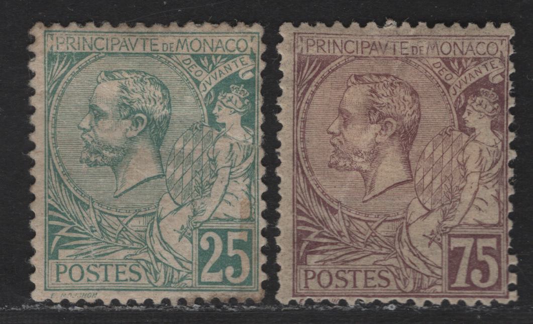 Lot 206 Monaco SC#20, 24 25c & 75c Green - Violet Brown on Buff Prince Albert I, 1891-1921 Prince Albert I Sideface Issue, 2 G/VGOG Singles, Both Stamps With Creases, Showing Through On 75c, But Not On 25c